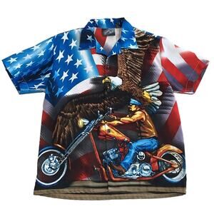 AOP American Flag with Motorcycle Rider Patriot Button Up Shirt